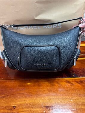 Michael Kors Merritt  Black Pebbled Leather Crescent Shoulder Bag w/MK Charm NWT